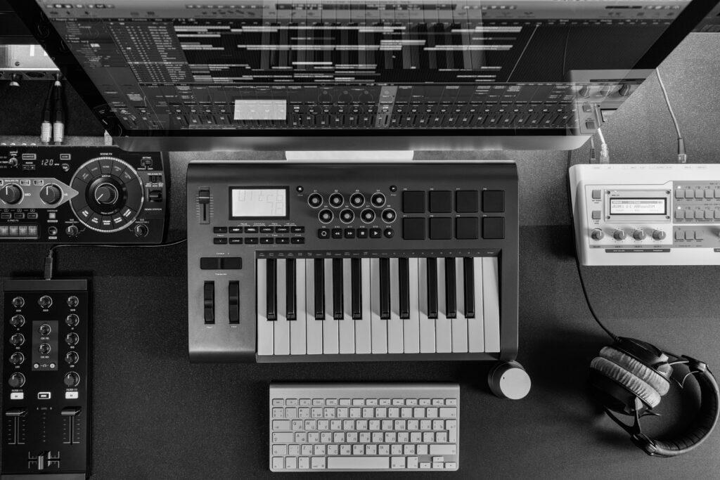 a keyboard and a keyboard on a desk